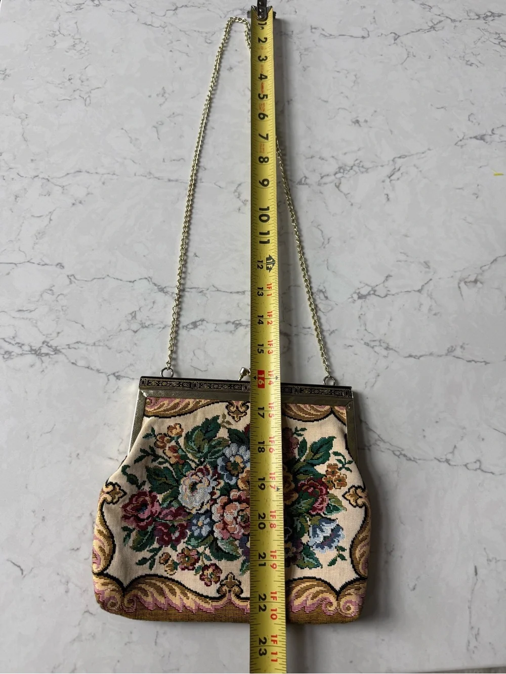 Vintage 60’s Floral Needlepoint Tapestry Purse Gold Kiss Lock made in Hong Kong